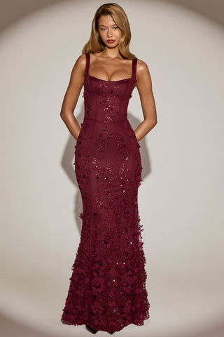 Embellished Appliqu? Soft-Scoop Corset Gown in Wine Red