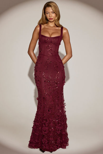 Embellished Appliqu? Soft-Scoop Corset Gown in Wine Red
