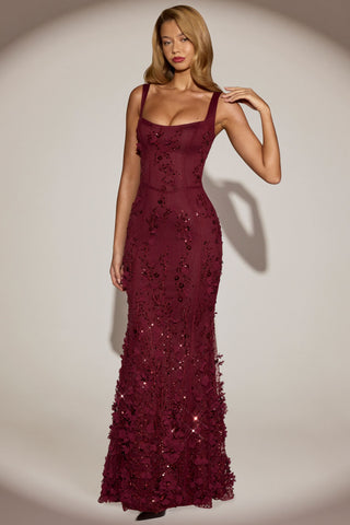 Embellished Appliqu? Soft-Scoop Corset Gown in Wine Red