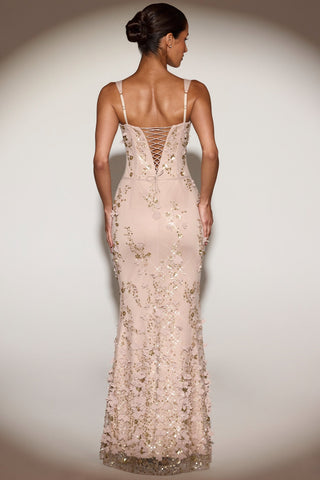 Embellished Appliqu? Soft-Scoop Corset Gown in Gold