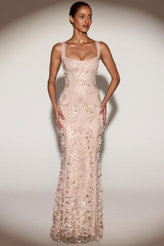 Embellished Appliqu? Soft-Scoop Corset Gown in Gold