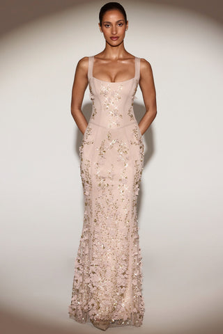 Embellished Appliqu? Soft-Scoop Corset Gown in Gold