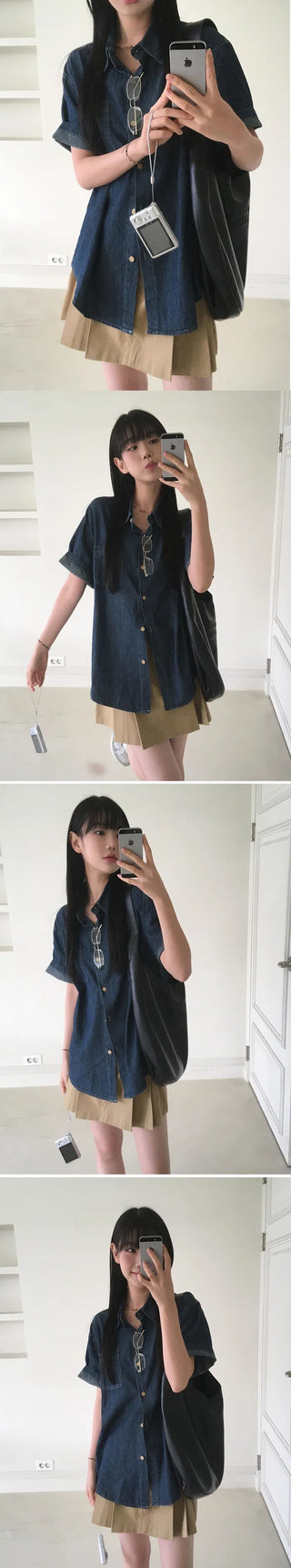 Overfit denim short-sleeved roll-up shirt