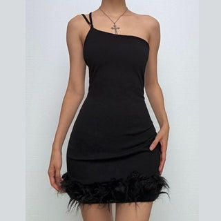 Solid irregular feather patchwork backless mini dress