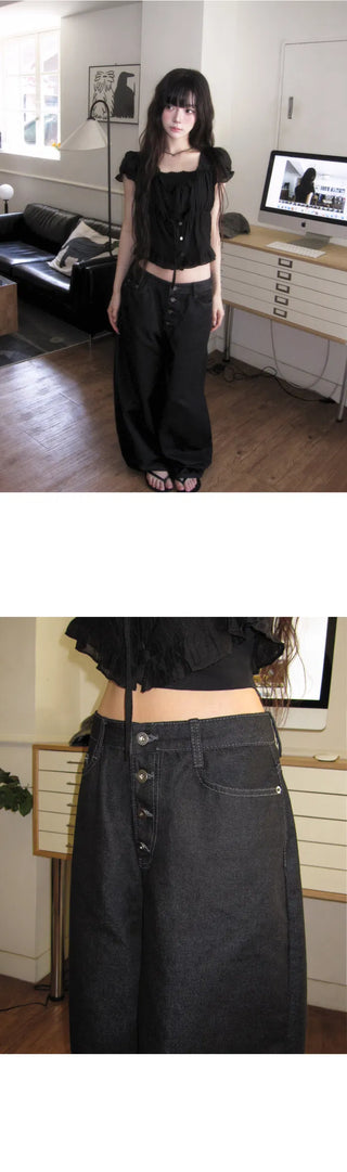 Four-button Wide Balloon Raw Denim - 2 colors