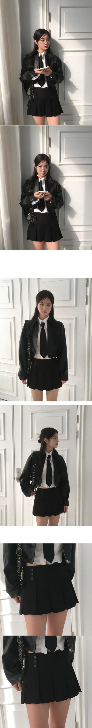 Single-collar half-crop leather jacket - 3 colors