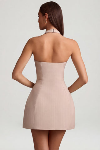 Pinstripe Halterneck Structured A-Line Mini Dress in Mushroom