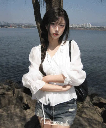 Point Cover Shirred Blouse - 2 colors