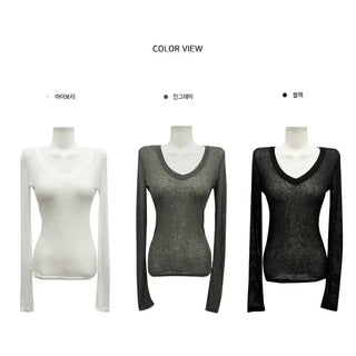 Deep V See-Through Long Sleeve Summer Knitwear - 3 Colors