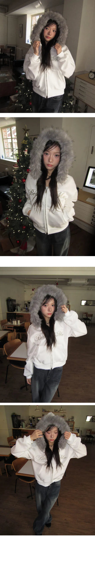 Hirit Two-Way Lettering Fur Hooded Zip-Up - 3 Colors