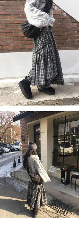 Roeun Vintage Frill Long Check Skirt