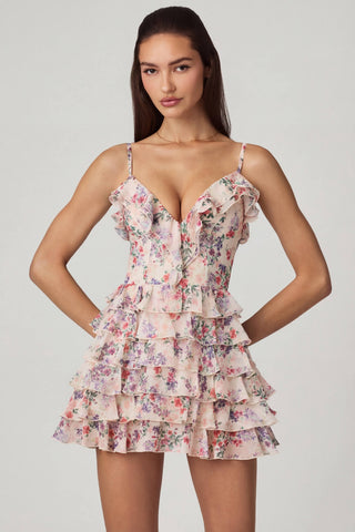 Ruffled Lace-Up A-Line Mini Dress in Primrose Floral Print