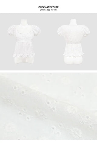 Pomin Flower Embroidery Punching Puff Blouse - 2 Colors
