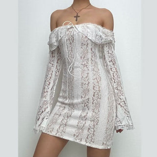 Long flared sleeve off shoulder lace mini dress-final-sale