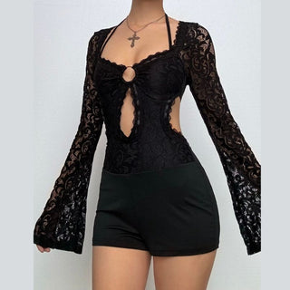 Long sleeve halter self tie lace hollow out romper