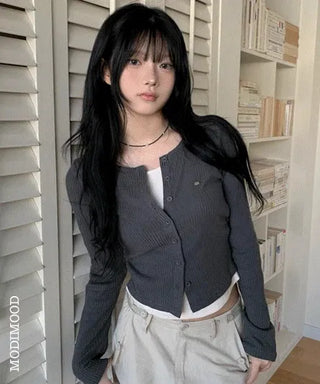 Shirring Layered Ribbed Knitwear Cardigan - 4 Colors
