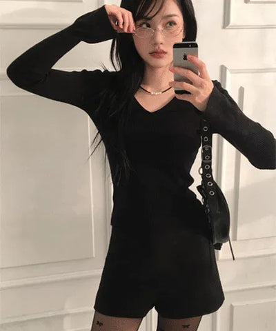 Mon Daily Collar V-Neck Long Sleeve Ribbed Knitwear - 3 Colors