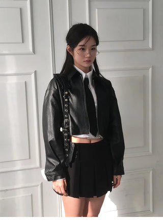 Single-collar half-crop leather jacket - 3 colors
