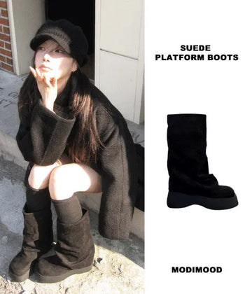Suede Pleated Block Heel Boots - 2 Colors