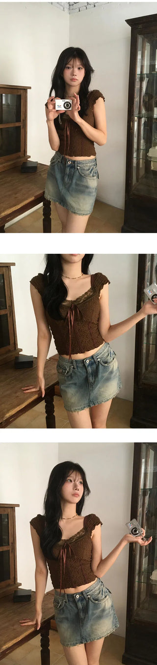 Luca Lace Ribbon Short Sleeve Blouse T-Shirt - 2 Colors