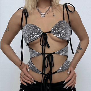 Glitter hollow out self tie backless v neck cami cut out top