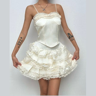 Lace hem flower applique lace up corset mini skirt set