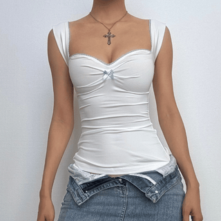 Ruched bowknot lace hem cami top