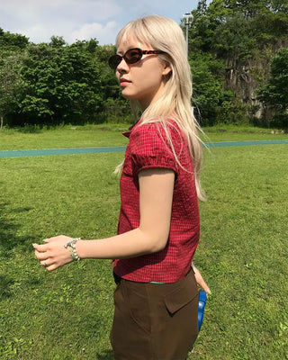 Checked shirred short-sleeved blouse