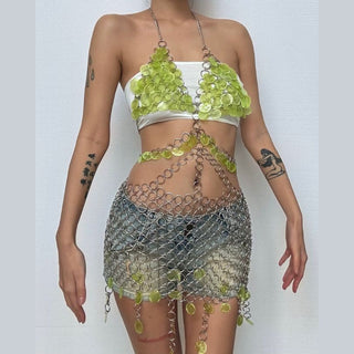 Metal chain v neck glitter o ring mini dress