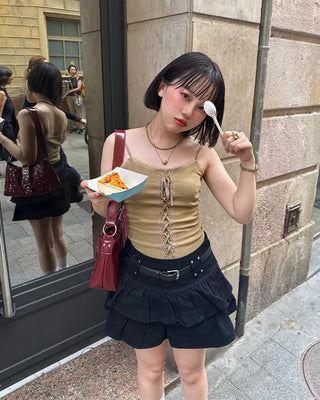 (With belt) Studded ruffle mini skirt