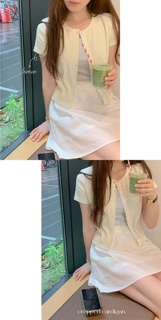 [SET] Cropped Short-Sleeve Ribbed Sleeveless Cardigan Set (4c)