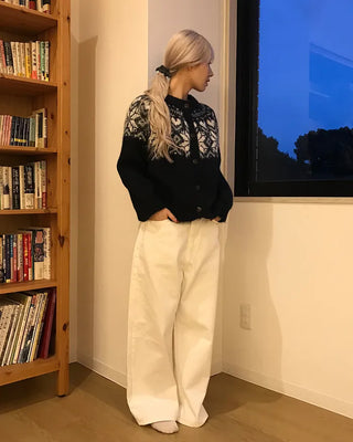 Colored Neck Nordic Knit Cardigan