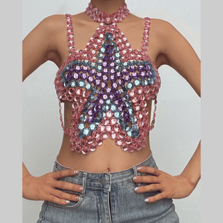 Halter star pattern backless gem chain top