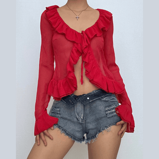 Long flared sleeve chiffon ruffle top