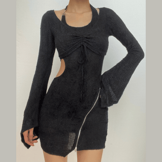 Textured zip-up drawstring hollow out halter long sleeve 2 piece cut out mini dress