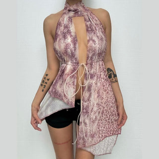 Button mesh halter print self tie top