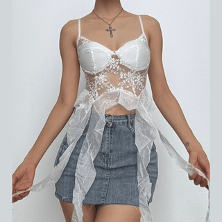 Mesh embroidery ruffle backless cami top