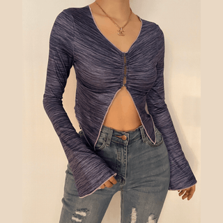 Long sleeve ruffled buttoned slit top