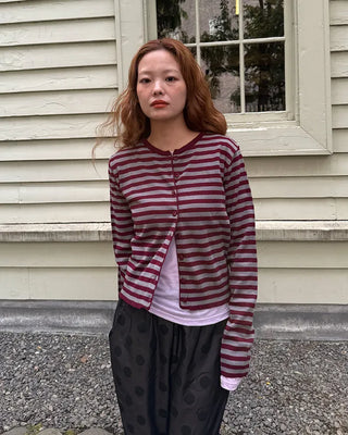 Round neck striped knit cardigan