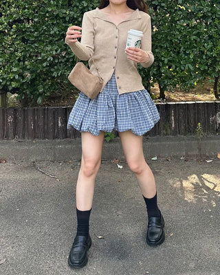 Belted check balloon mini skirt