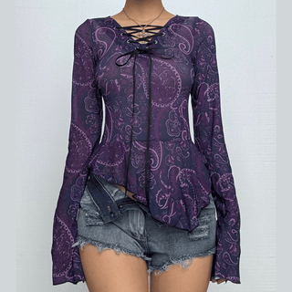 Long flared sleeve print lace up irregular sheer mesh ruffle top