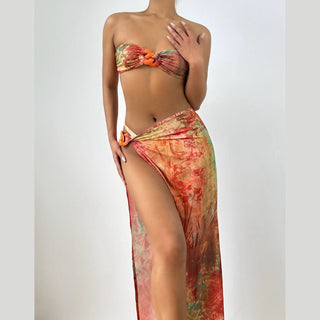 High slit print irregular 3 piece tube maxi skirt set