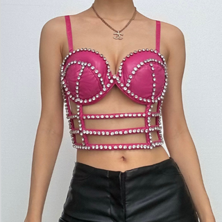 Hollow out beaded zip-up v neck padded cut out top