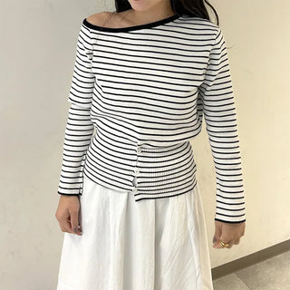 Striped Button One-Shoulder T-Shirt