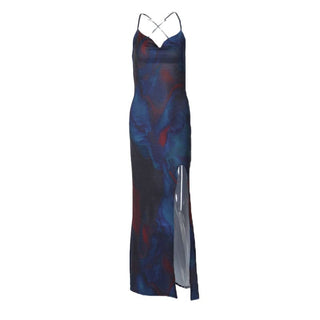 Print cowl neck slit cross back cami maxi dress