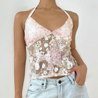 Halter self tie glitter v neck backless top