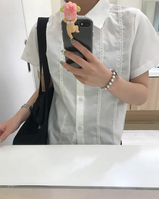 Lace-detail short-sleeved blouse
