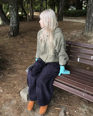 Corduroy wide-leg pants with elastic waistband