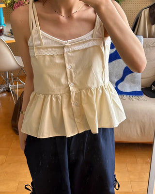 Lace-line shirred sleeveless blouse