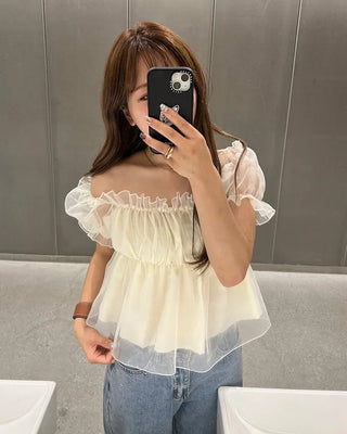 Organza Shirred Off-Shoulder Blouse